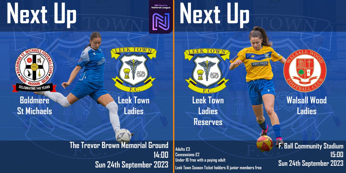 leektownladies's tweet image. Win for the #Lionesses carry on the excitement this Sunday 24/09/23

First Team away at @BoldmereSt 2pm

Reserves at home hosting @WalsallWoodLFC 3pm

£3.00 Adults
£2.00 Concessions
U16 free with a paying adult
Mens Season Ticket Holders
Junior Members Free
Bar &amp;amp; cafe
#weareleek