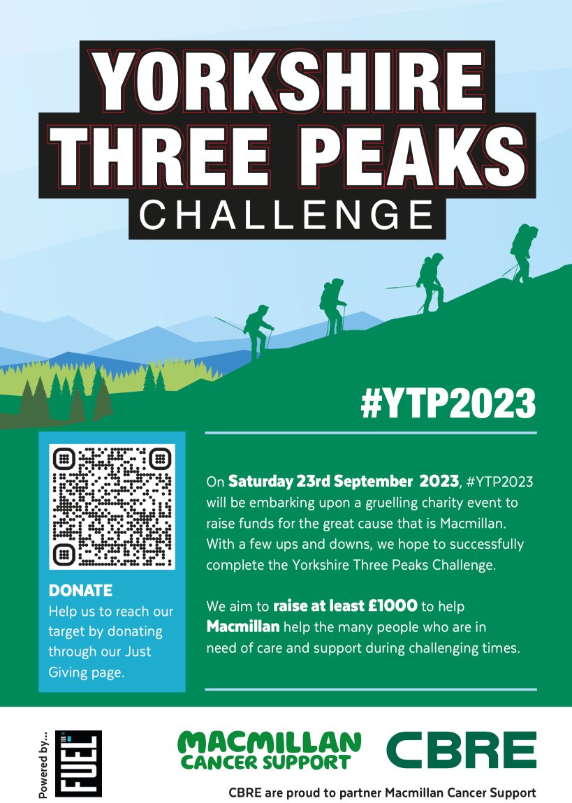 Good luck to <a href="/CBRE_UK/">CBRE UK</a> Estate team at #RoyalAlbertDock who are taking on Yorkshire’s #ThreePeaksChallenge this Saturday 23 September from 6am, waking 25 miles across mountainous terrain for <a href="/macmillancancer/">Macmillan Cancer Support</a> Charity.

Good luck to everyone taking part at CBRE! 💚 🥾 ⛰️