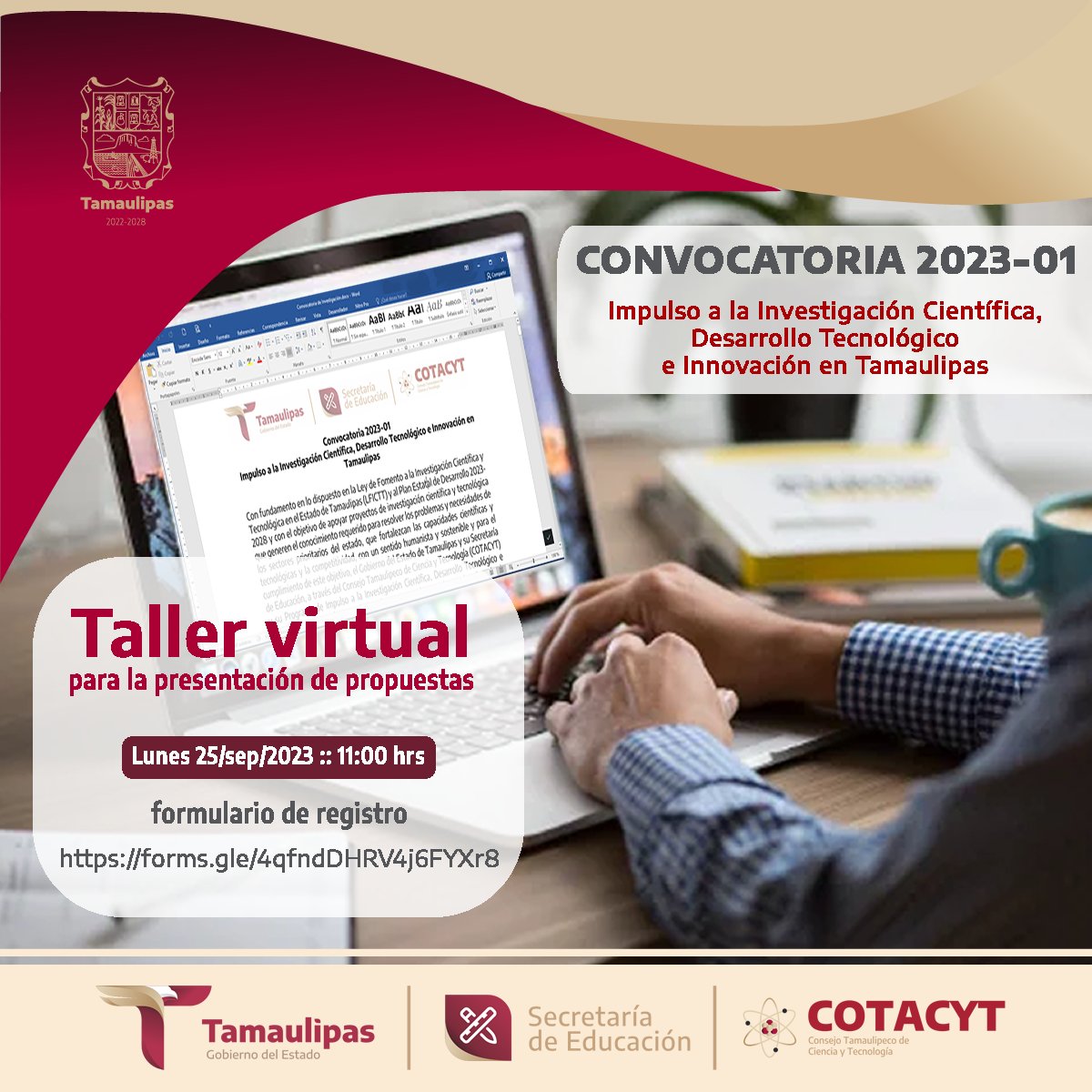 Taller virtual para la presentación de propuestas.
Registro:  forms.gle/4qfndDHRV4j6FY…
.
.
.
#tamaulipassetransforma #investigacion #innovacion #ciencia
#educacion