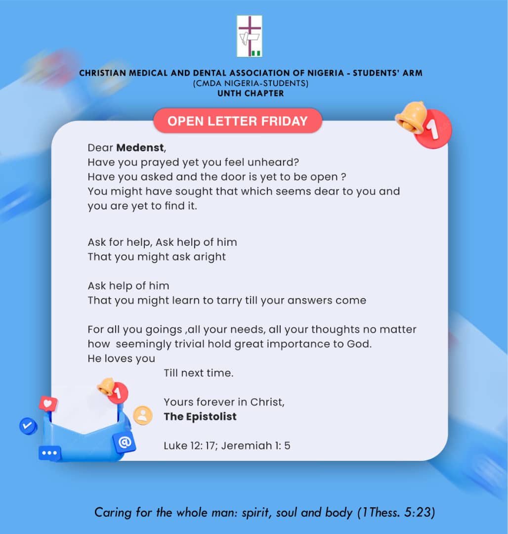 cmda_unth's tweet photo. Hello dear 😃,
You have got a mail 🔔 
We pray it leaves you hale. https://t.co/5X7xqpP3eT