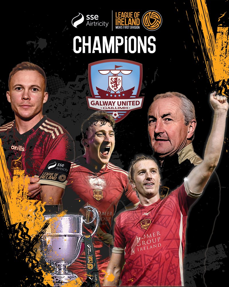 LeagueofIreland's tweet photo. CHAMPIONS 🏆

The full-time whistle sounds at Mounthawk Park and Galway United secure promotion as they seal the SSE Airtricity Men's First Division title!

#LOI | #KERGAL https://t.co/ThKLNWaq5J