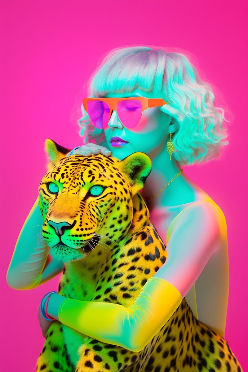 Gm 👋 Slightly obsessed with this hyperreal niji style today. Let’s see where it goes. Prompt: photo of a strange yellow woman hugging a pink leopard model pose with neon glasses on her face, nostalgic imagery, holographic, light yellow and yellow and teal background,…
