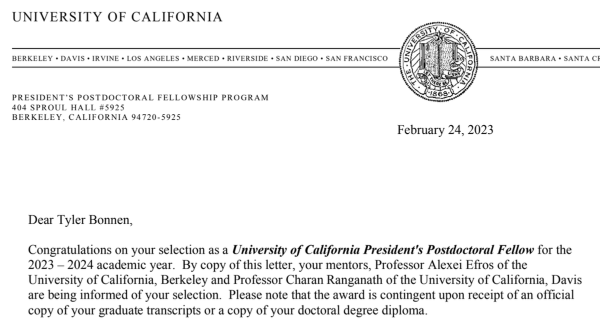 tyler bonnen (@tylerraye) on Twitter photo so excited to share that i've received UC's Presidential Postdoctoral Fellowship ✨🥳✨
i'm working with an INCREDIBLE team at <a href="/berkeley_ai/">Berkeley AI Research</a>, led by <a href="/akanazawa/">Angjoo Kanazawa</a>, Alyosha Efros, & Jitendra Malik
while collaborating with <a href="/CharanRanganath/">Charan Ranganath</a> + Randy O'Reilly at <a href="/UCDavisCNS/">UC Davis Center for Neuroscience</a> so excited to share that i've received UC's Presidential Postdoctoral Fellowship ✨🥳✨
i'm working with an INCREDIBLE team at <a href="/berkeley_ai/">Berkeley AI Research</a>, led by <a href="/akanazawa/">Angjoo Kanazawa</a>, Alyosha Efros, & Jitendra Malik
while collaborating with <a href="/CharanRanganath/">Charan Ranganath</a> + Randy O'Reilly at <a href="/UCDavisCNS/">UC Davis Center for Neuroscience</a>