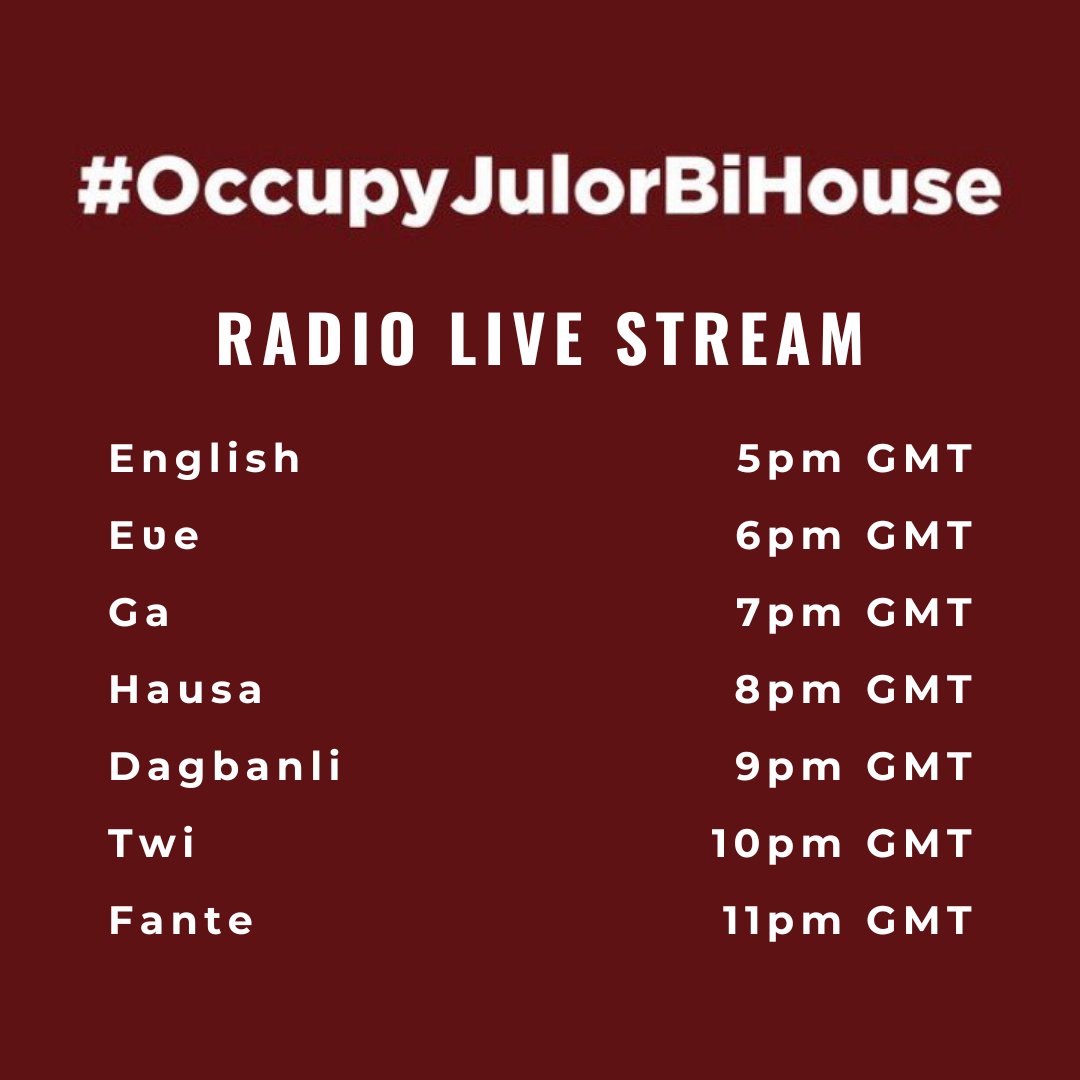 Looking for people to talk about the key issues in the #OccupyJulorbiHouse protests on live podcast tomorrow which will be recorded and shared.

Looking for speakers in English, Eʋe, Ga, Hausa, Dagbanli, Twi & Fante.

See below times of the board cast, send me a DM to volunteer.