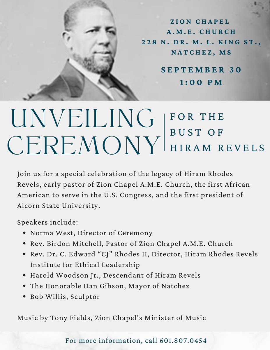 Come celebrate the legacy of Hiram Revels, the first African American to serve in the U.S. Congress!
#HiramRevels #BlackHistory #BlkTwitterstorians #Twitterstorians #PublicHistory #NatchezHistory #VisitNatchez #NatchezCulturalLegacy #MississippiHistory