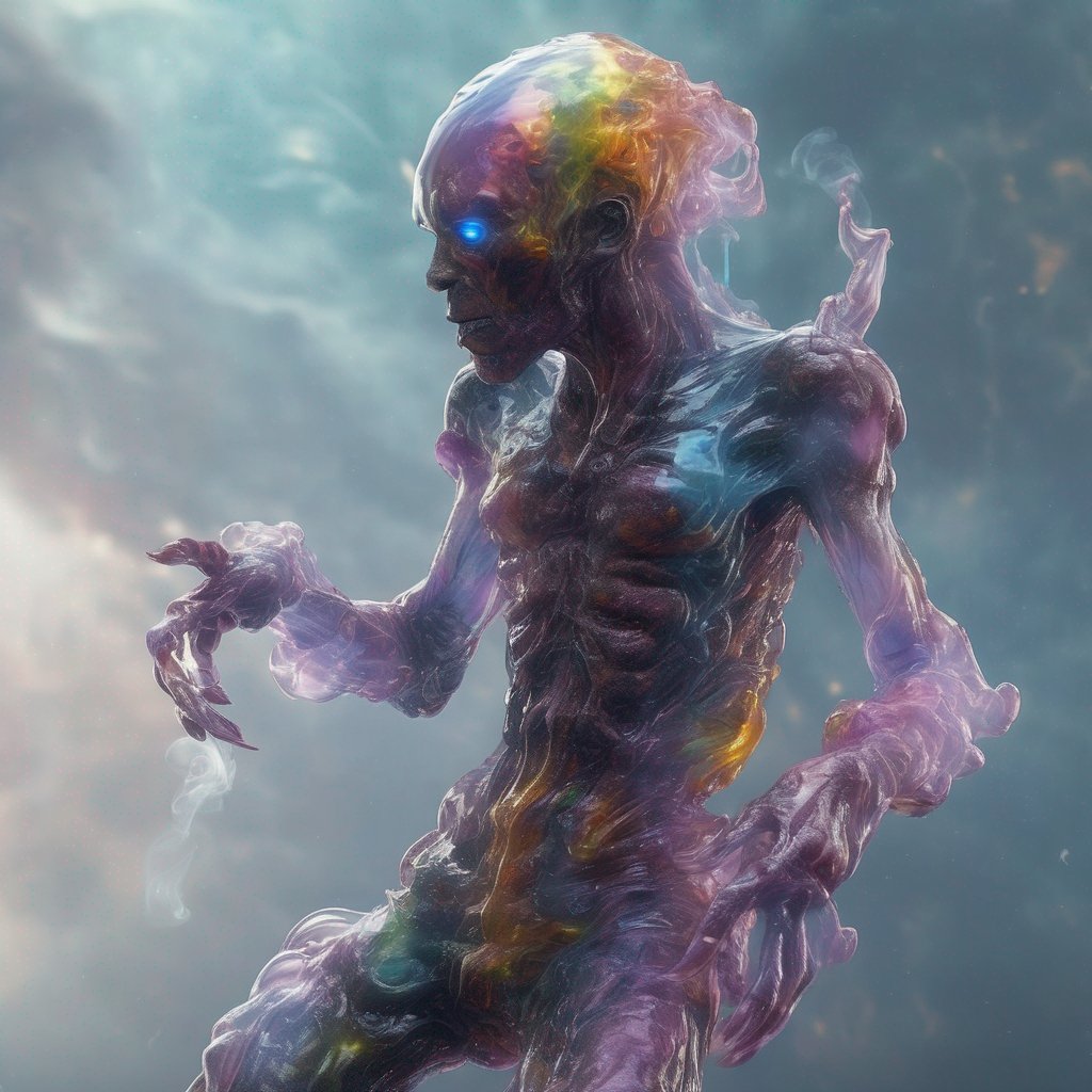 tech_with_ai's tweet photo. Created this creepy creature 👽

Prompt: 
A ultra detailed humanoid creature, made up of other worlds translucent liquid and smoke, infinite good quality, something supernatural, realistic, best render, colourful, heavenly

https://t.co/Wm23pVb87r https://t.co/CdaCgo1U93