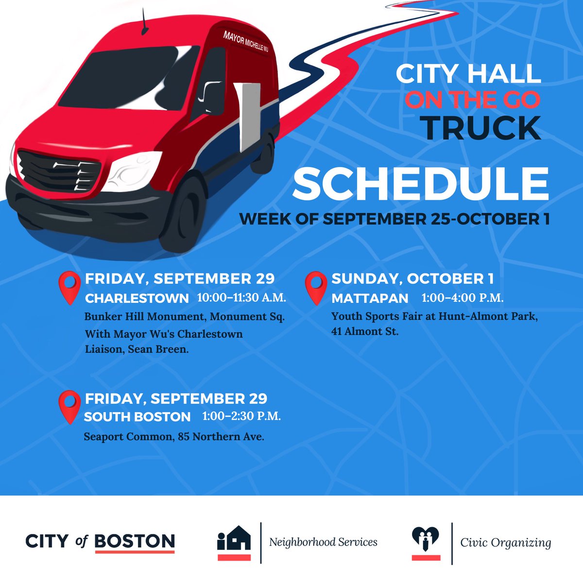 City Hall On The Go is hitting the road BIG time this week! 🚙💨 Multiple stops, all week long. Don't miss us as we wrap up September on a high note. View the full schedule and stop by! 📍 #CityHallOnTheGo #Boston