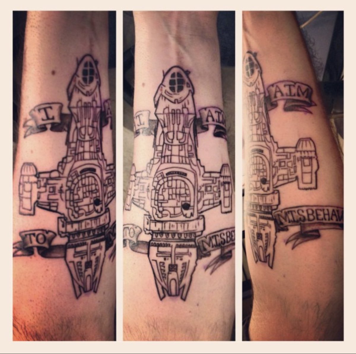 patrynize's tweet photo. @NathanFillion Going on ten years since I got this ink and it’s one of my favorites. #Firefly #browncoat #iaimtomisbehave #serenity https://t.co/evuMjWerec