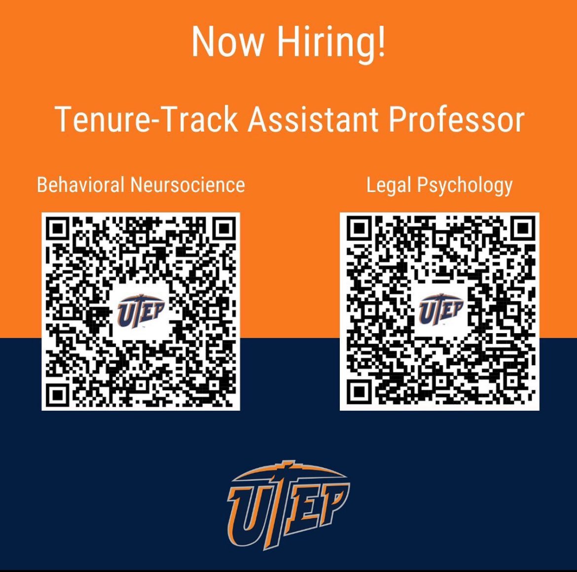 SerafineLab's tweet photo. Our Department has two open tenure track faculty positions! We’re hiring a legal psychologist &amp; a behavioral neuroscientist! Come work in a growing &amp; collaborative Department @UTEPPsychology! El Paso is a great city &amp; @UTEP students are wonderful!  https://t.co/YFNSpjwFnw… #utep https://t.co/o5qdupggr8