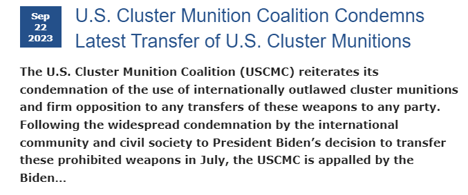 The US Cluster Munition Coalition is appalled by the Biden administration’s decision to initiate another transfer of these indiscriminate weapons, announced yesterday.
noclusterbombs.org/news/2023/09/2…