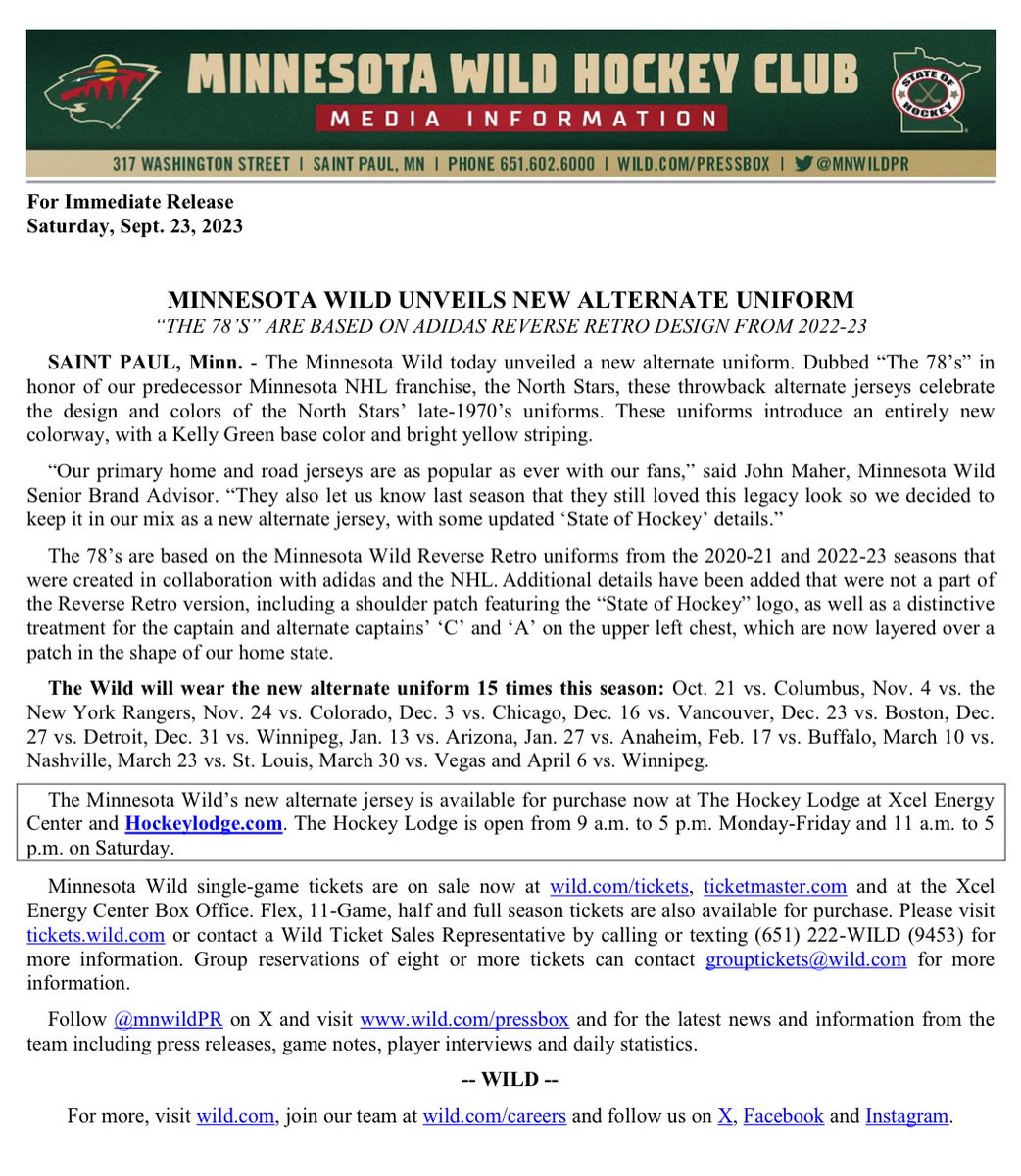 mnwildPR's tweet photo. The #mnwild today unveiled a new alternate uniform. Dubbed “The 78’s” in honor of our predecessor Minnesota NHL franchise, the North Stars, these throwback alternate jerseys celebrate the design and colors of the North Stars’ late-1970’s uniforms. https://t.co/ozDJsY3HSr