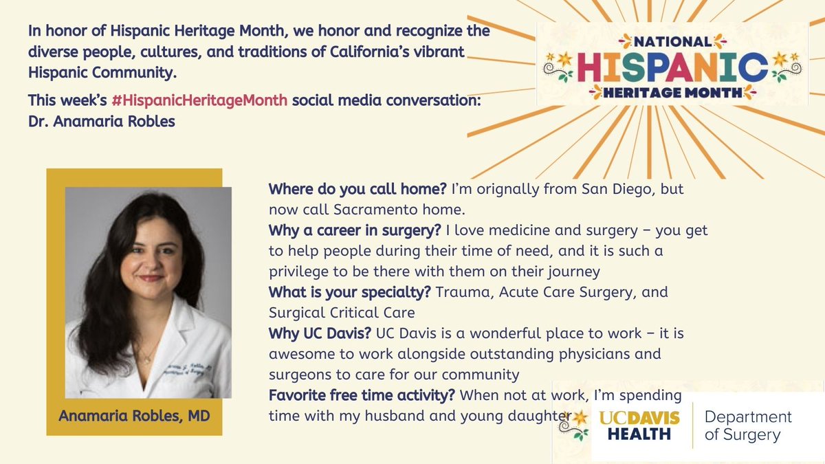 This week's #NationalHispanicHeritageMonth conversation features Dr Anamaria Robles.  Dr Robles completed her fellowship training at
@UCDavisHealth and joined our surgical faculty this past year.

#latinxsurgeons #HHM #HispanicHeritageMonth #MedEd #UCDavis