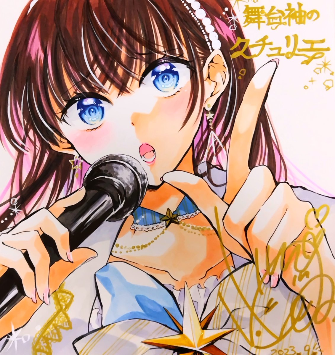 1girl microphone blue eyes solo earrings brown hair jewelry  illustration images