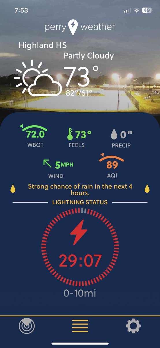 A_Beck93's tweet photo. Athletic trainers are on the sideline to watch out for the health and safety of the athletes. This also includes monitoring the weather. When storms roll in you’ll see me on the @perryweather app monitoring how close a lightning strike is to the playing field. #ATSafeSports https://t.co/5NFZ7W5wlu