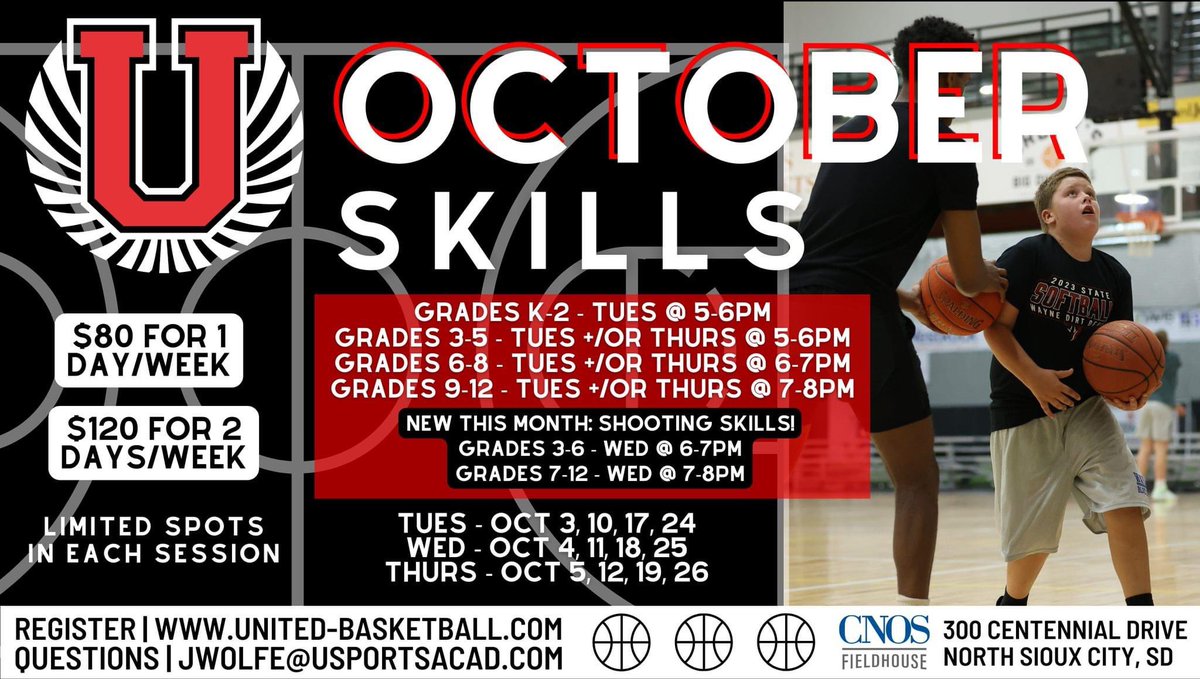 October Basketball Skills
unitedsportsacademy.sportngin.com/register/form/…

Tuesdays/Thursdays
3-5th - Tues/Thurs 5-6 PM
6-8th - Tues/Thurs 6-7 PM
HS - Tues/Thurs 7-8 PM

K-2nd - Tuesdays @ 5-6 PM

NEW THIS MONTH IS SHOOTING SKILLS ON WEDNESDAYS!🏀