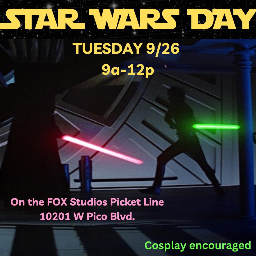 May the Force be with us! Join the Rebel Alliance (WGA + SAG) on the Fox lot this Tuesday, 9/26 as we stay on target to restore freedom to the Galaxy (Gate) and celebrate @MarkHamill’s birthday (one day late)!