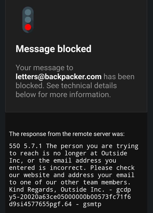 @BackpackerMag  Letters@backpacker.com is not working, please advise. https://t.co/jPq9hr3k9h<a class="tags" target="_blank" title="On Twitter" href="/?out=eyJ0eXAiOiJKV1QiLCJhbGciOiJIUzUxMiJ9.eyJpYXQiOjE3MjQ4OTIxOTMsImlzcyI6InR3cG9ybnN0YXJzLmNvbSIsIm5iZiI6MTcyNDg5MjE5MywiZXhwIjoxNzU2NDI4MTkzLCJyZWRpcmVjdF91cmwiOiJodHRwczovL3R3aXR0ZXIuY29tL0JhY2twYWNrZXJNYWcifQ.bKZyHlsffQx_jL7sZZCZIfUnXbw7Hm2lWv55f0Uvgn8frJ5ftezX_OiUFCUWj-ccDncyq198fZafb2T5zE0I9w">@BackpackerMag</a><a class="tags" target="_blank" title="On Twitter" href="/?out=eyJ0eXAiOiJKV1QiLCJhbGciOiJIUzUxMiJ9.eyJpYXQiOjE3MjQ4OTIxOTMsImlzcyI6InR3cG9ybnN0YXJzLmNvbSIsIm5iZiI6MTcyNDg5MjE5MywiZXhwIjoxNzU2NDI4MTkzLCJyZWRpcmVjdF91cmwiOiJodHRwczovL3R3aXR0ZXIuY29tL2JhY2twYWNrZXIifQ.GggBdhEQHZo77W2dSy-C6YnLyN3iDyE1PR8rLmFJLgNU0NhEEPK8zvHF3Mr2dgpgrOCGHGCX9HOnHiomf-vw7g">@backpacker</a>