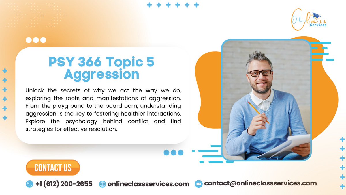 OnlineSer2's tweet photo. PSY 366 Topic 5 Aggression
Unlock the secrets of why we act the way we do, exploring the roots and
manifestations of aggression. 

Contact Us:
https://t.co/iB0Ij4Q44t

#PSY366 #Aggression #PsychologyInsights #UnderstandingBehavior #OCS #ocs #onlineclassservices https://t.co/YhqSCNxIW2
