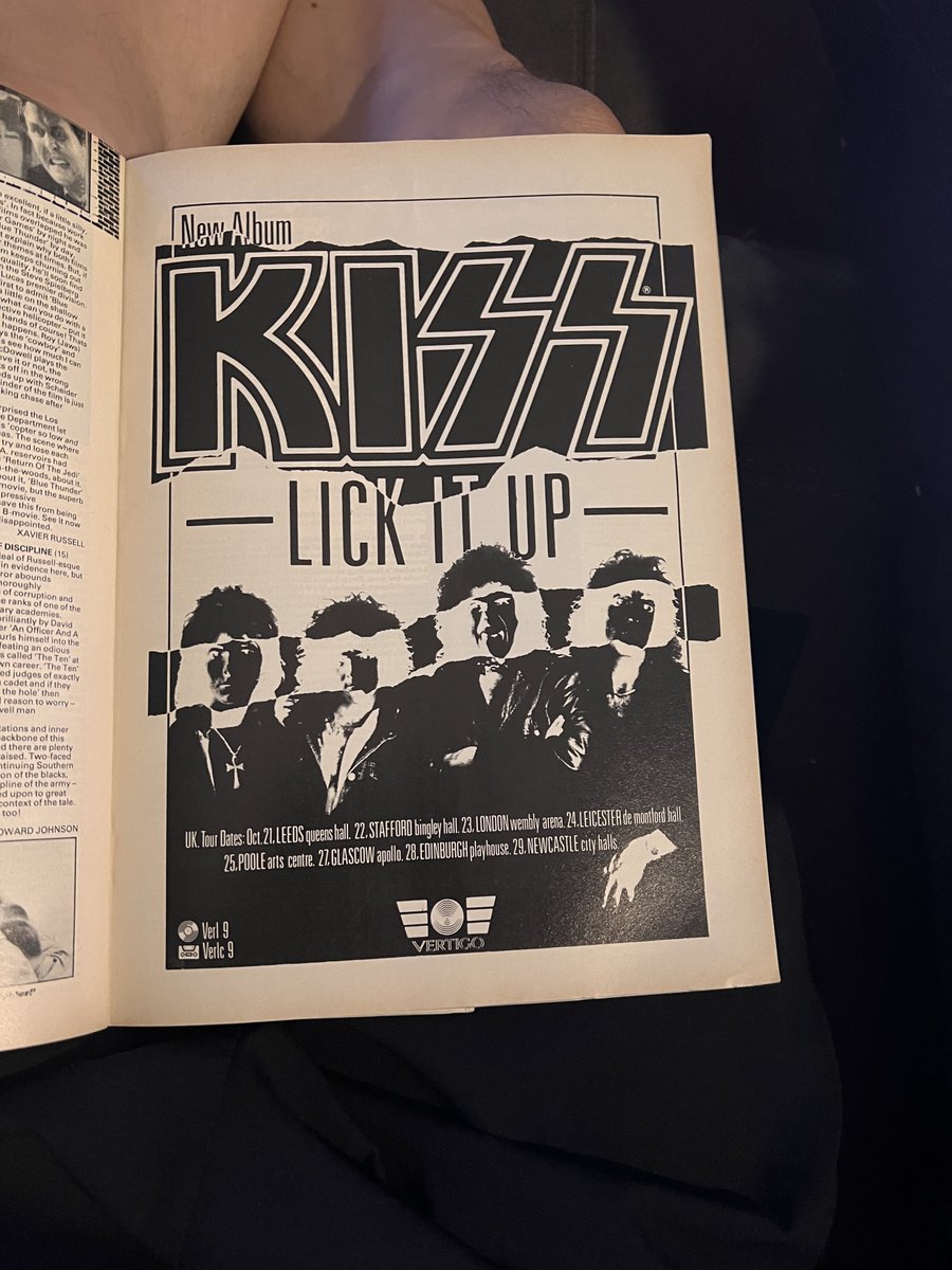 #Kerrang magazine ads for the #KISS albums #CreaturesoftheNight (2 separate pages) and #lickitup. #hairmetal #vinnievincent