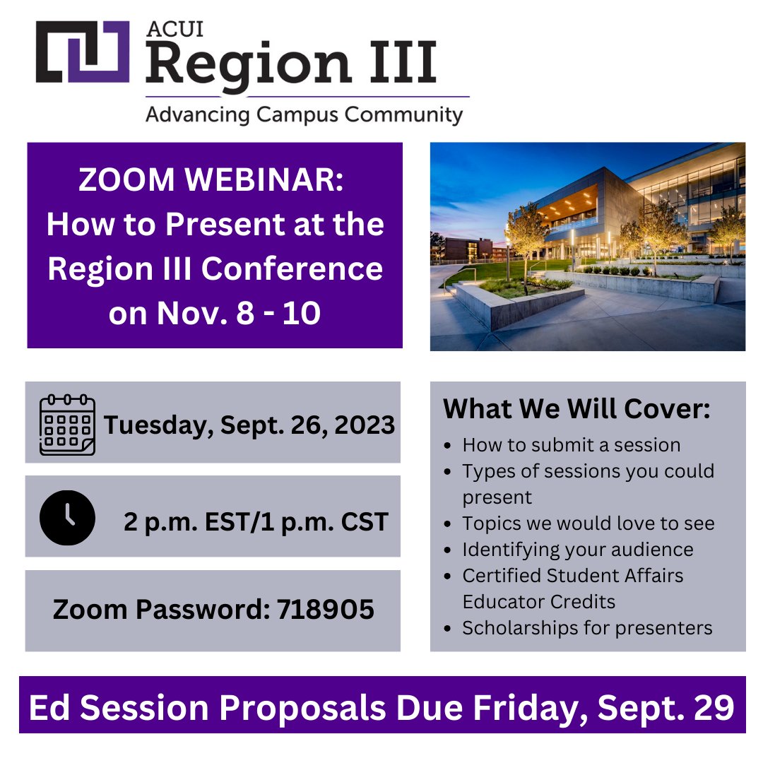 ACUIRegionIII's tweet photo. Thinking about presenting at the regional conference? or have students who are considering it? Please share this information with them. The Zoom link is https://t.co/sEA17f0WOd Presenters can apply for one of the 2 available scholarships that cover the cost of registration! https://t.co/jTyZ8oQsxt