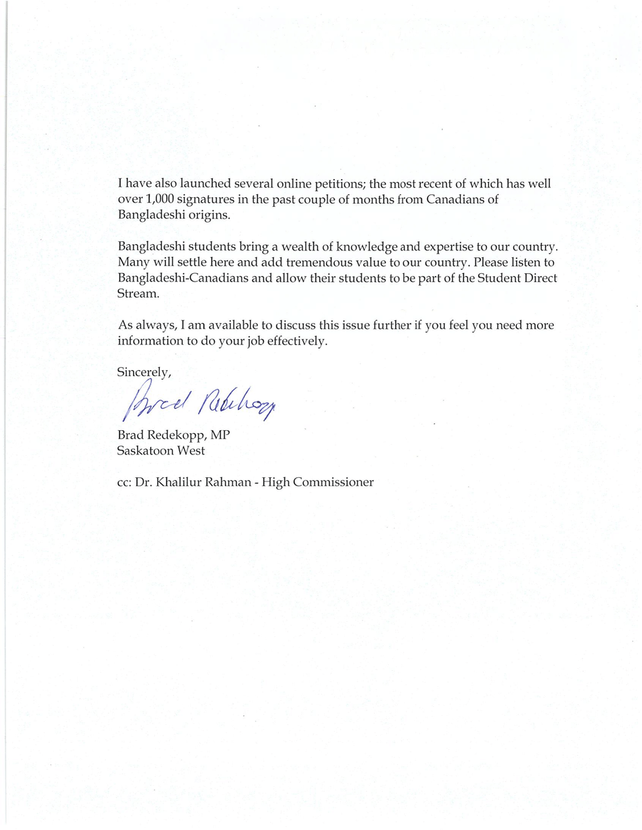 BradRedekopp's tweet photo. My letter to Immigration Minister @MarcMillerVM on #SDSforBangladesh.

I will keep pushing until the Liberals fulfill their overdue promise to #Bangladeshi students.

@bdootottawa https://t.co/b0s01yxE6w