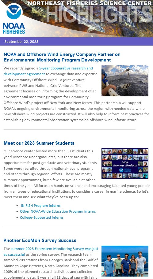 NOAAFish_NEFSC's tweet photo. Our eNewsletter is out! In it, we talk new partnerships, 2023 summer interns, #NEFSCEcoMonSurvey, #aquaculture, #oyster health, #CooperativeResearch, #StockAssessments, director’s message, and more: https://t.co/oJ2uXiSw9S. https://t.co/vvziJJ8ahs