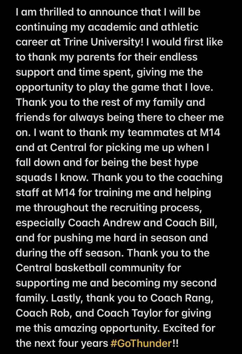 I'm super excited to announce my commitment to Trine University!! Can't wait for the next four years:) <a href="/TrineWBB/">Trine Women's BBall</a> <a href="/CHS_rocketbball/">Central Rockets - Girl's Basketball</a> <a href="/M14Hoops_Girls/">Team M-XIV Girls</a> <a href="/ScoutUrecruit/">ScoutU college recruiting</a>