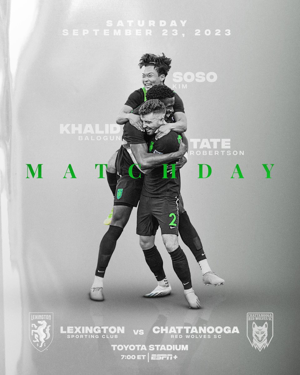 Lexington Sporting Club (@lexsporting) on Twitter photo It’s matchday!
We’re looking for three points.
🆚<a href="/ChattRedWolves/">Chattanooga Red Wolves SC</a>
⏰7:00 PM ET
📍Georgetown, Ky.
🏟️Toyota Stadium
🎟️bit.ly/3ENia1N
#LEXvCHA #LexGo💚 It’s matchday!
We’re looking for three points.
🆚<a href="/ChattRedWolves/">Chattanooga Red Wolves SC</a>
⏰7:00 PM ET
📍Georgetown, Ky.
🏟️Toyota Stadium
🎟️bit.ly/3ENia1N
#LEXvCHA #LexGo💚
