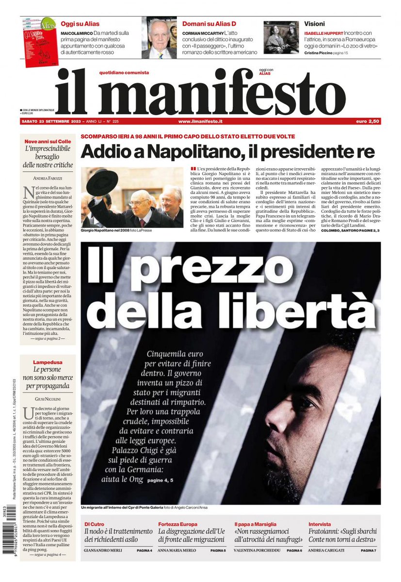 ilmanifesto's tweet photo. Cinquemila euro per evitare di finire dentro. Il governo inventa un pizzo di stato per i migranti destinati al rimpatrio. Per loro una trappola crudele, impossibile da evitare e contraria alle leggi europee
#ilmanifesto #laprima #23settembre #Napolitano https://t.co/N6OsMVepme