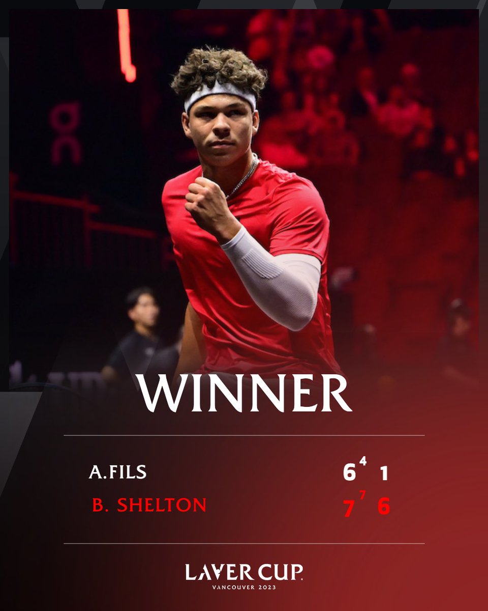LaverCup's tweet photo. Ben Shelton secures the first point for Team World in Vancouver. 🔴 https://t.co/aqRbtWsqnn