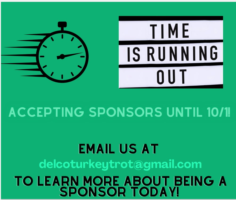DelcoTurkeyTrot's tweet photo. Time is running out to run with the best businesses in Delco!  Accepting sponsor applications until 10/1.  Email us at delcoturkeytrot@gmail.com to learn more! https://t.co/8X8vROjiwz https://t.co/bvLtwJ77G3
