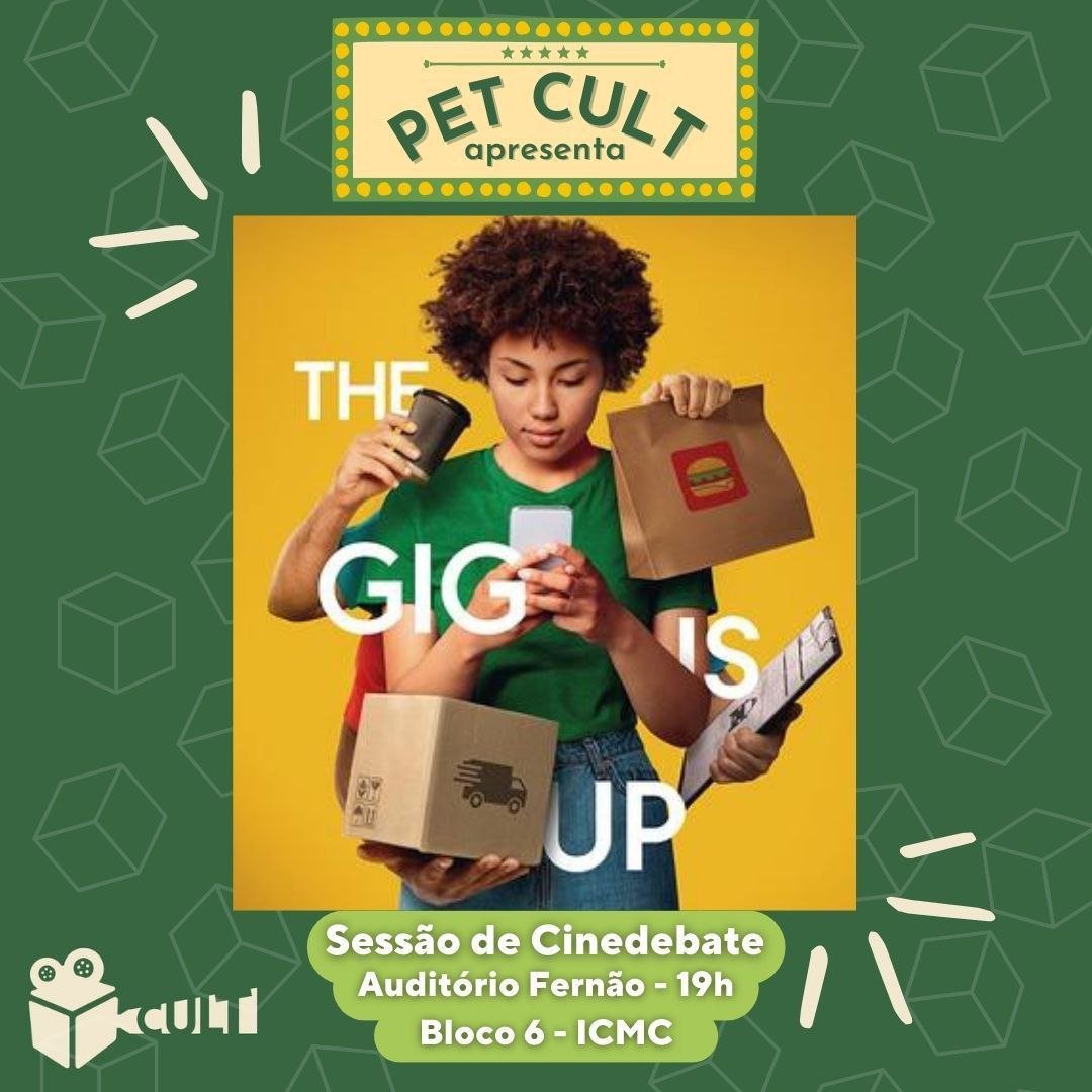 🚨 PET ALERTA 🚨
Nossa sessão de "The Gig Is Up: O Mundo é Uma Plataforma" começou `as 19h no Auditório FERNÃO (bloco 6 - ICMC) ✨️

Após a exibição, teremos uma conversa sobre as temáticas do documentário que contará com a participação do professor Eduardo Simões 🤖