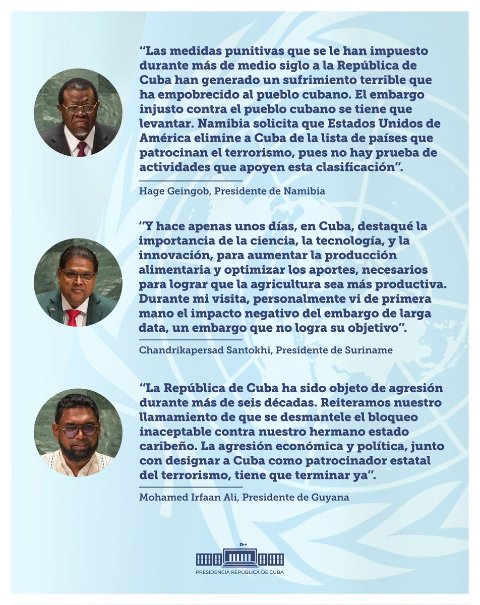 DiazCanelB's tweet photo. En nombre de nuestro pueblo y gobierno, agradezco a los líderes mundiales que han dado apoyo expreso a nuestra batalla contra el #Bloqueo y a la exigencia de que el gobierno de EE. UU. saque a #Cuba de la infame lista de supuestos patrocinadores del terrorismo.

#UNGA https://t.co/Dvb79puZuj