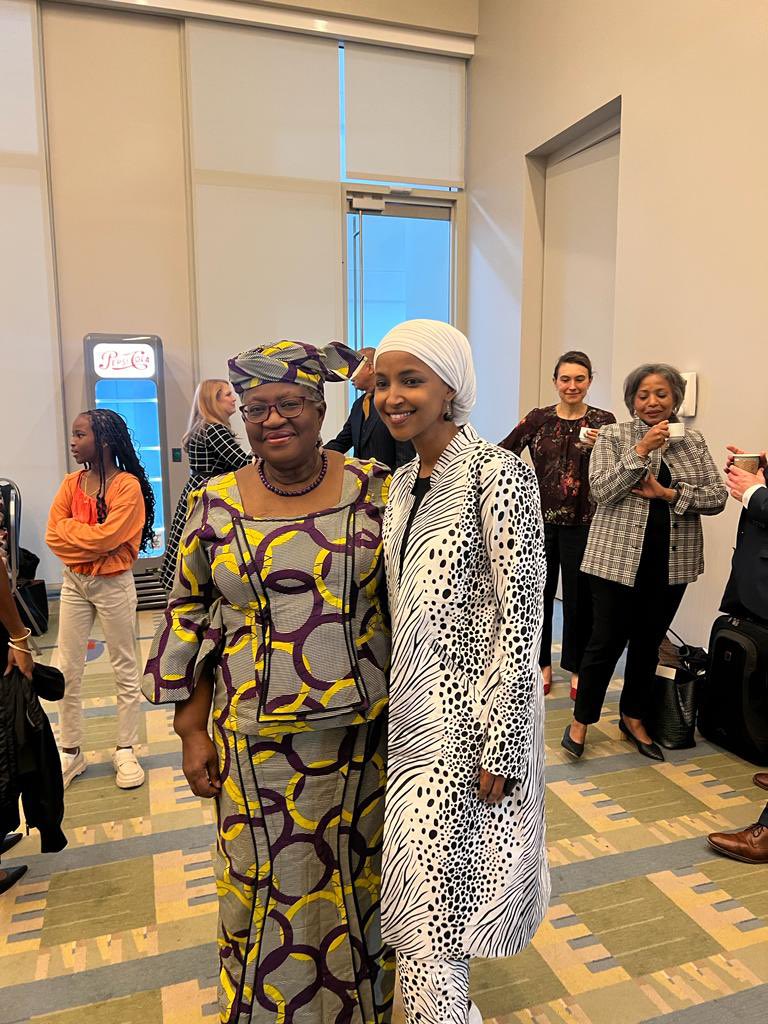 NOIweala's tweet photo. At the Congressional Black Caucus Annual Legislative Conference @TheBlackCaucus in Washington DC. A fireside chat with Representative @IlhanMN of Minnesssota, champion of the U.S.-Africa Policy Working Group. Talking about Africa-U.S. trading relations and what the U.S. can do to help improve Africa’s trade with the U.S., with itself and with the world. Also, what could be the @wto’s role to assist?