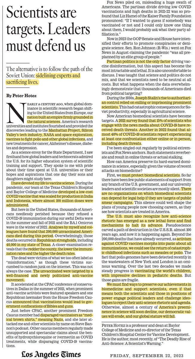 Prof Peter Hotez MD PhD (@peterhotez) on Twitter photo Many thanks again to the <a href="/latimes/">Los Angeles Times</a> for rolling the dice with me on this opinion piece and standing up for science. Not long ago we took this for granted, but tragically for the nation this is no longer the case. Many thanks again to the <a href="/latimes/">Los Angeles Times</a> for rolling the dice with me on this opinion piece and standing up for science. Not long ago we took this for granted, but tragically for the nation this is no longer the case.