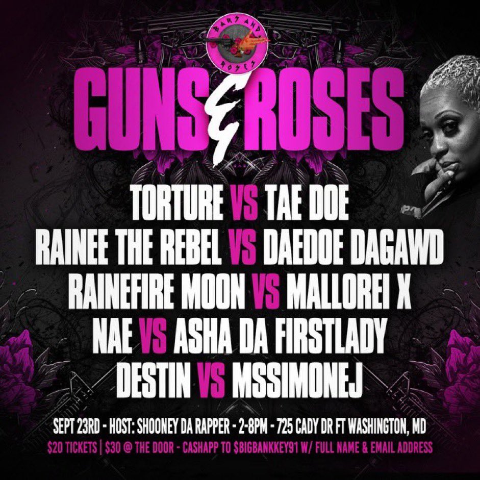 HouseofColors_'s tweet photo. #ThisWeekInBattleRap, @THEBarsAndRoses presents #GunsAndRoses, Saturday, Sept. 23 in Fort Washington, MD. Hosted by @SHOONEYDARAPPER. #HouseofColors #BattleRap #HipHop #TheBarsAndRoses
@RAINEFIRE_MOON https://t.co/v1YjaEbgoz