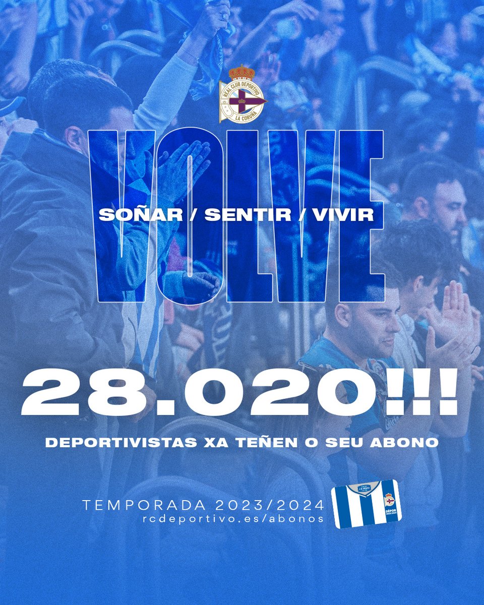 RCDeportivo's tweet photo. #ANOSAFORZA | 🎟️ ABONOS #DÉPOR2324

Ao peche da campaña de novas altas, que acaba de rematar, temos superado os 28.000!!! 🥳

GRAZAS, #DEPORTIVISTAS 🥺💙

Agora, ata o 29 de setembro, só renovacións. Sen prazo para abonos sen asento asignado, como Socio Amigo e Nen@ Dépor. https://t.co/davaMpyyGL