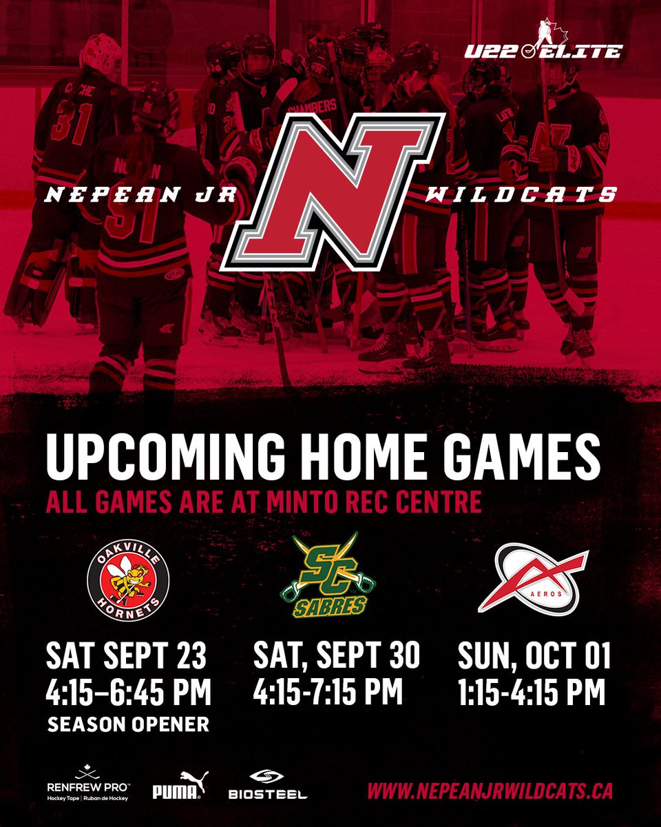 NepJrWildcats's tweet photo. Hey Wildcats! Join us at our temp home for Oct (Sportsplex 1 is being repaired)! Cheer on your Jr team &amp; see what the highest level of girls minor hockey looks like.

🏟️Minto Rec

Sat, Sept 23, 4:15PM
v Oakville

Sat, Sept 30, 4:15PM
v Stoney Creek

Sun, Oct 01, 1:15PM
v Toronto https://t.co/oEVN0KbIXk