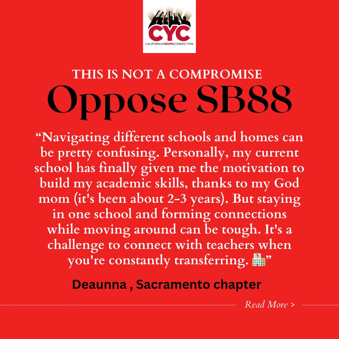 CalYouthConn's tweet photo. Let's unite against #SB88! 🚫 This bill threatens to hinder our foster youth's education. Share, tag the governor, and let your voice be heard.

@danawill2023
@AngeliqueAshby
@CAgovernor https://t.co/tXhJc3UsEf