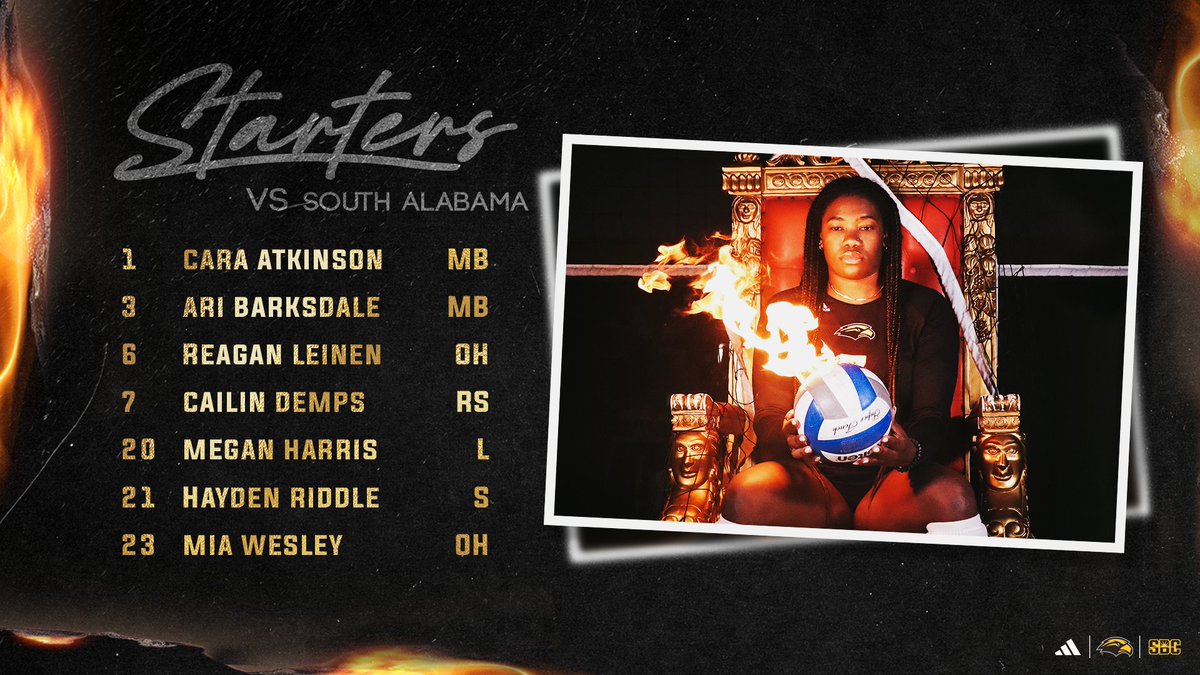 SouthernMissVB's tweet photo. 𝐅𝐢𝐫𝐞 𝐔𝐬 𝐔𝐩 🔥🤘

Starting lineup vs. South Alabama ‼️

#SMTTT https://t.co/S6JaPhTr9e