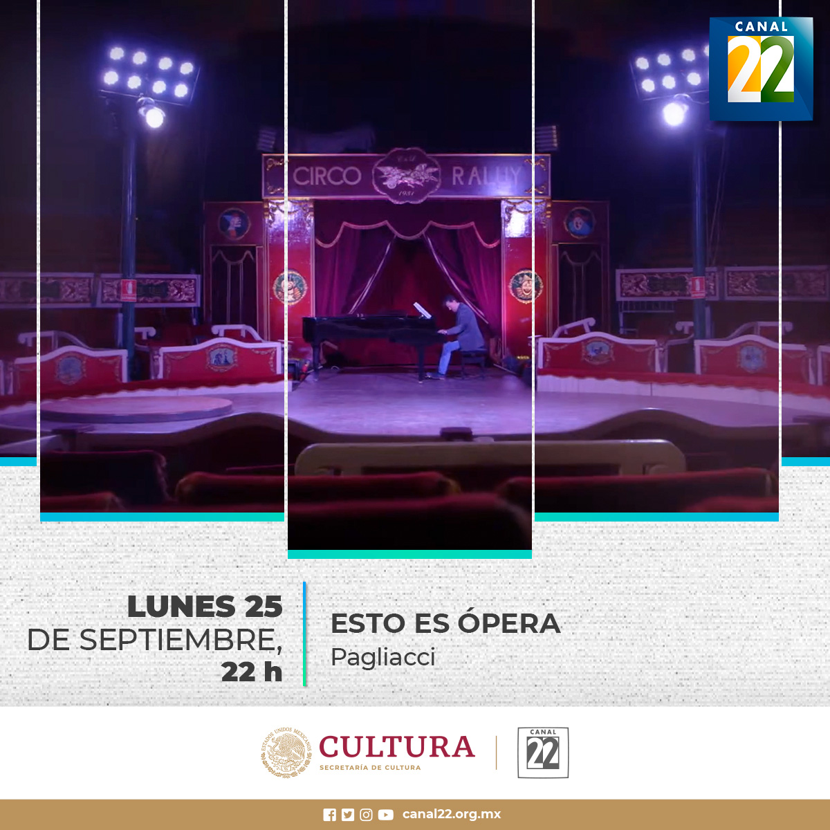 Canal22's tweet image. Disfruta de la programación del día de hoy:
📌#Marquesina
🕟19:00 h
📌#SeDicePorAhí
🕟19:30 h
📌#Transcultura
🕟 21:30 h
📌 #EstoEsÓpera
🕟22:30 h