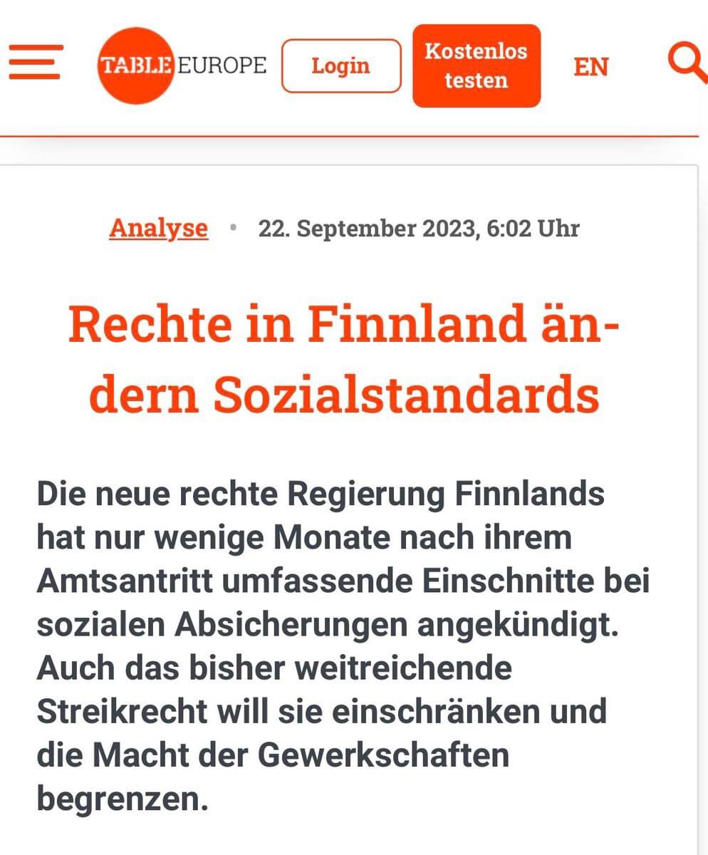 Nach Italien wird wohl nun auch die finnische Rechte Sozialstandards absenken inkl. einer Einschränkung des Streikrechts..

#Afd Fans - überlegt euch genau wen ihr da wählt und ob es am Ende nicht euch selbst trifft. Rechte sind am Ende immer am Kapital interessiert
