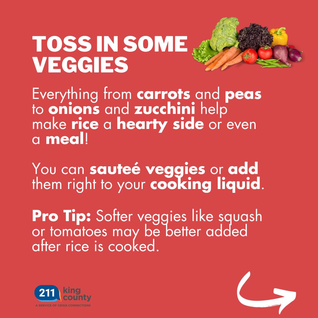 CrisisCXNs's tweet image. Rice is so nice when you need to stretch your food budget! Add the good stuff like broth, herbs + spices, veggies + protein for a quick, nutritious meal! 🍚🍄🥬🐟

Need a help with your #BasicFoodApplication?  Dial 211!
ow.ly/7E7y50POKYC

#basicfood #SNAPbenefits #ricebowl