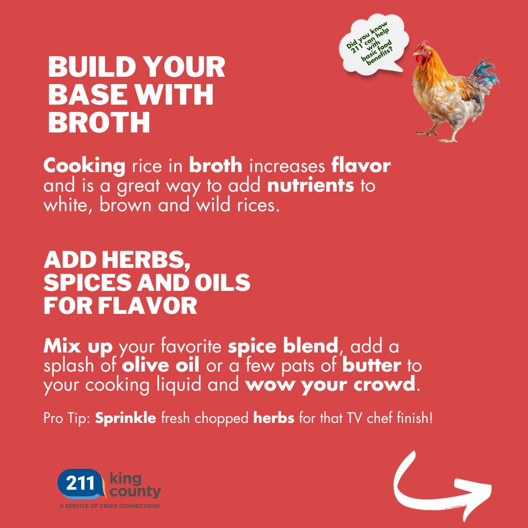 CrisisCXNs's tweet image. Rice is so nice when you need to stretch your food budget! Add the good stuff like broth, herbs + spices, veggies + protein for a quick, nutritious meal! 🍚🍄🥬🐟

Need a help with your #BasicFoodApplication?  Dial 211!
ow.ly/7E7y50POKYC

#basicfood #SNAPbenefits #ricebowl