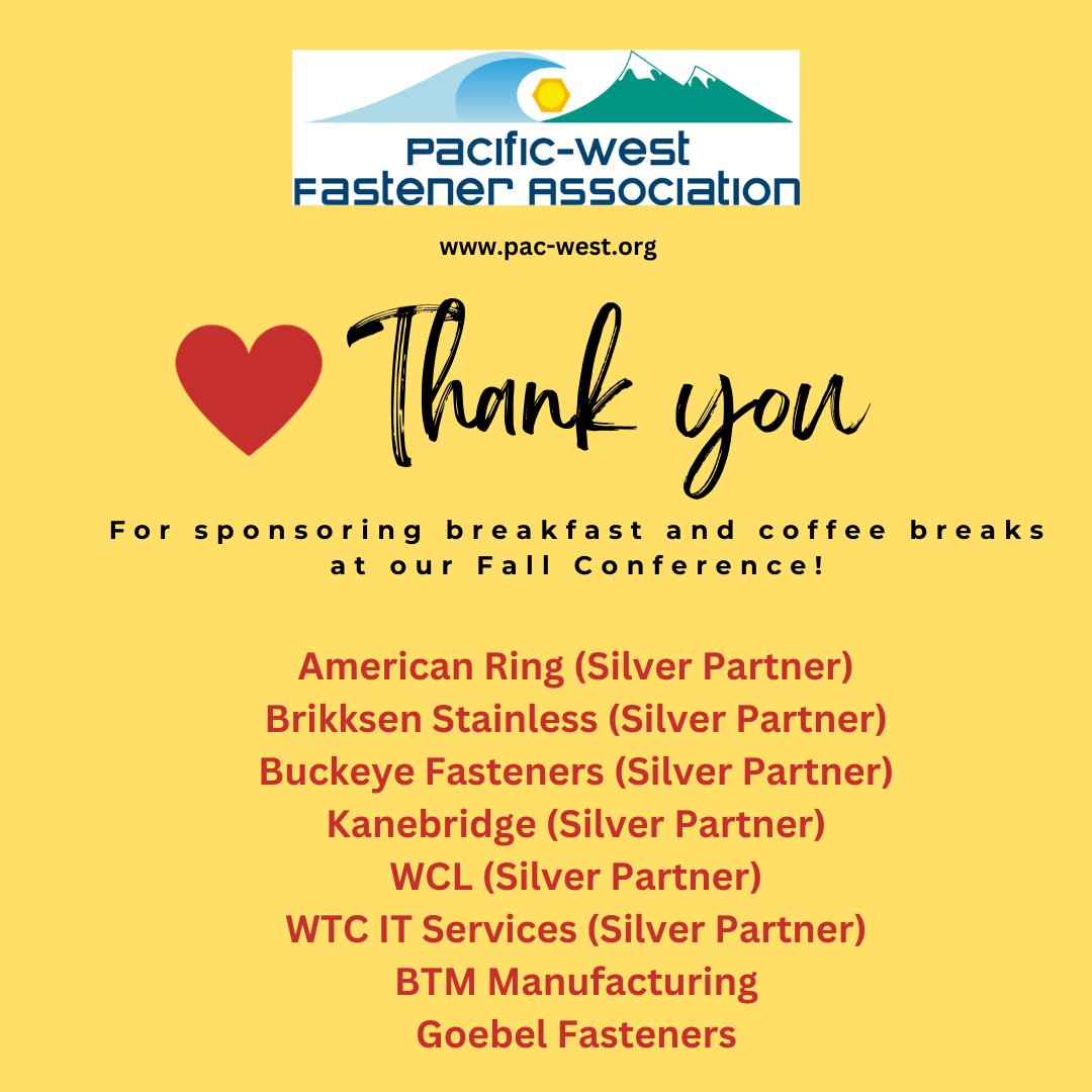 PacWestFastener's tweet photo. Our breakfast and coffee break sponsors helped us start the day right at our Fall Conference! https://t.co/IkBUT1JoX5