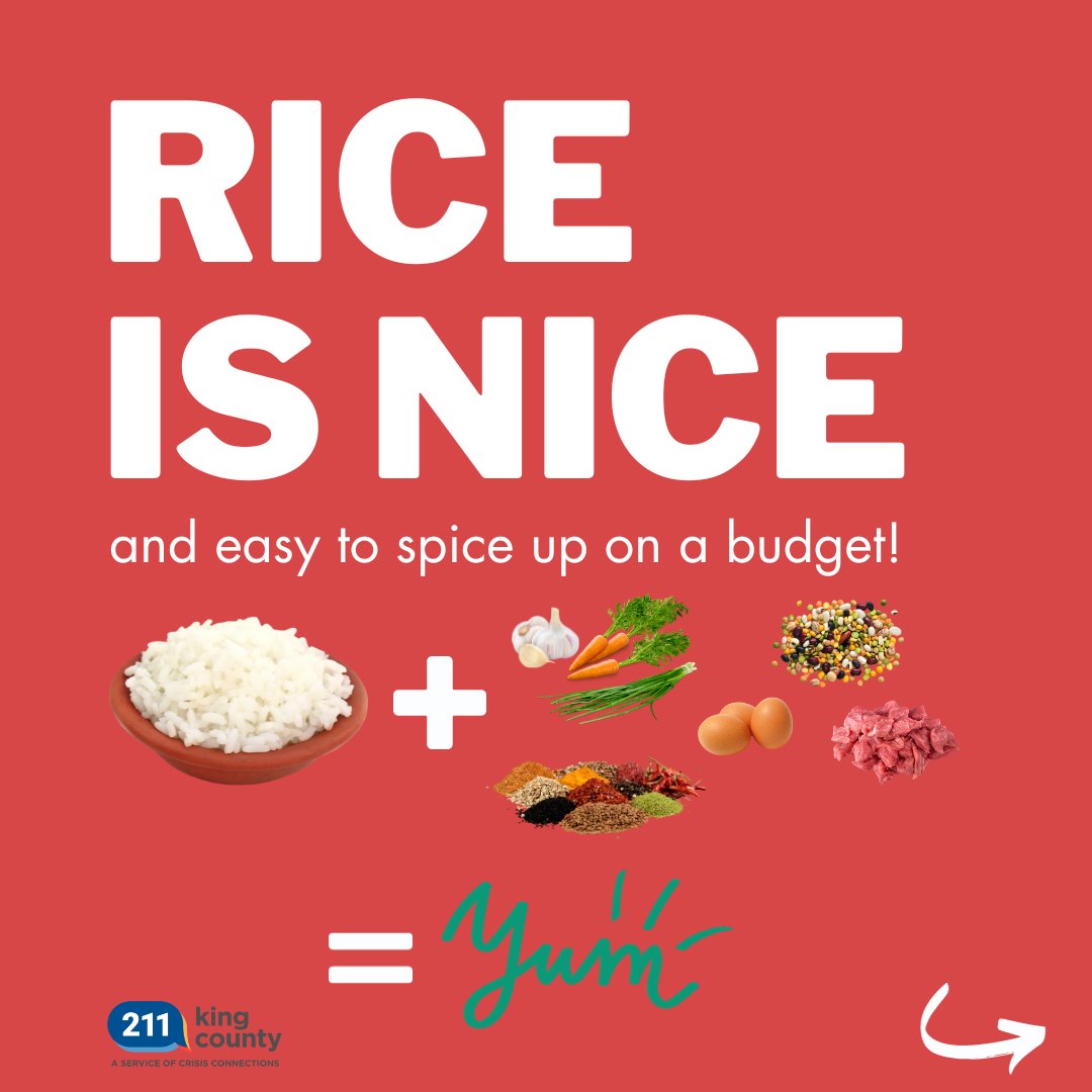 CrisisCXNs's tweet image. Rice is so nice when you need to stretch your food budget! Add the good stuff like broth, herbs + spices, veggies + protein for a quick, nutritious meal! 🍚🍄🥬🐟

Need a help with your #BasicFoodApplication?  Dial 211!
ow.ly/7E7y50POKYC

#basicfood #SNAPbenefits #ricebowl
