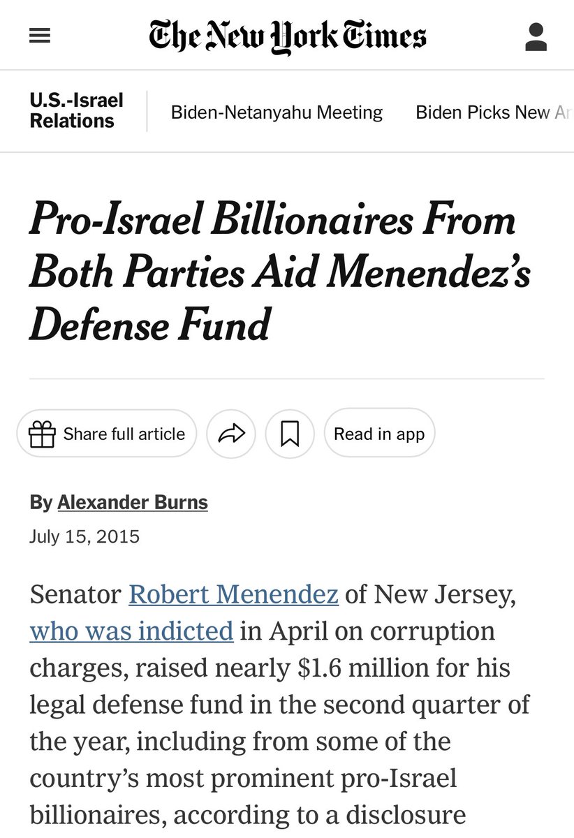 This feels like a continuation of the last time Menendez went on trial for illegally accepting gifts, when his Israel lobby billionaire backers covered his defense.