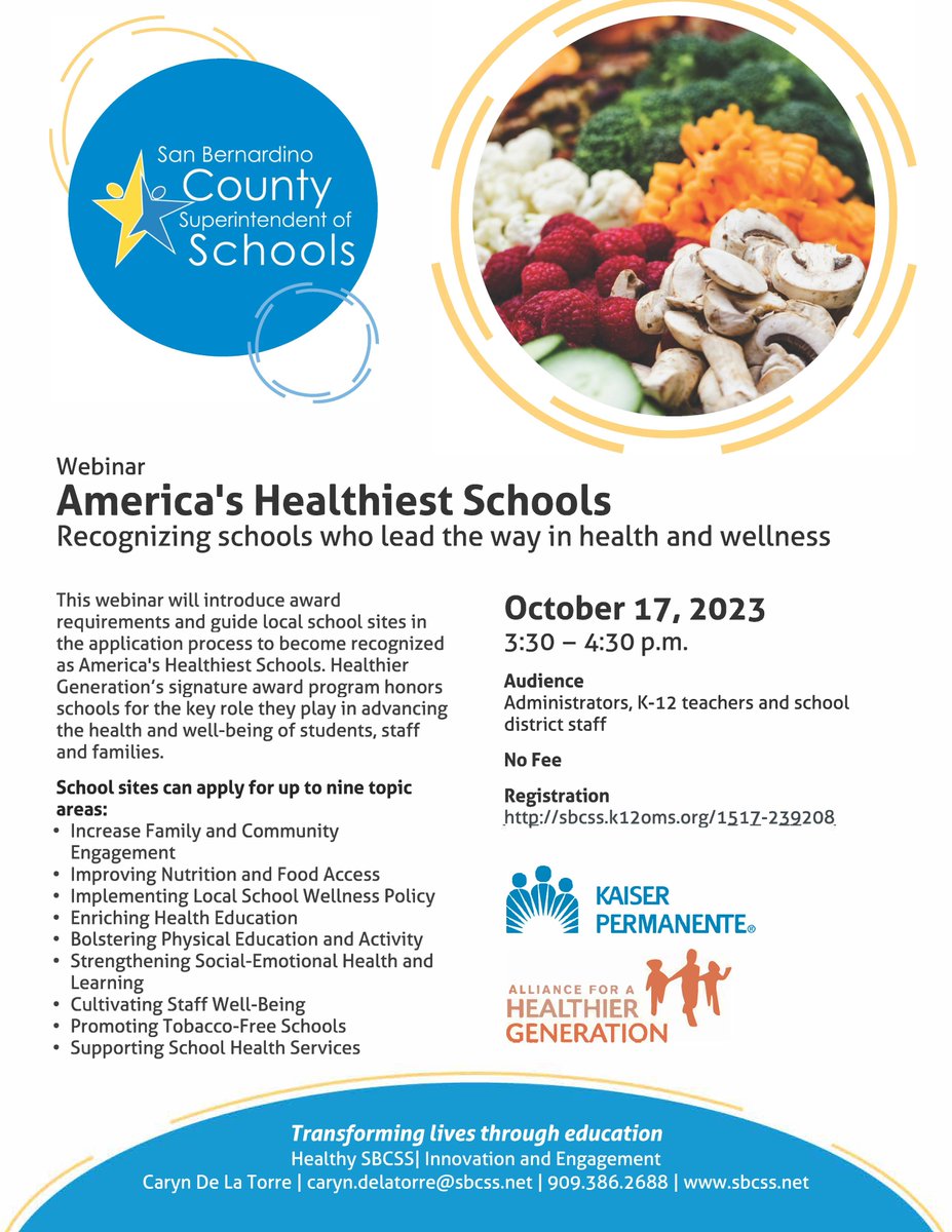 Educators: join us virtually to learn how to become one of America's Healthiest Schools, with our partners <a href="/HealthierGen/">Alliance for a Healthier Generation</a> and <a href="/aboutKP/">Kaiser Permanente</a>! 
Oct. 17 at 3:30 pm, register here: sbcss.k12oms.org/1517-239208