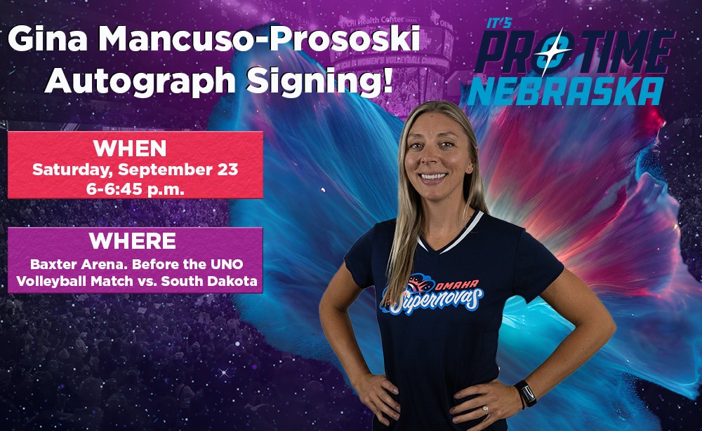 OmahaSupernovas's tweet photo. Omaha volleyball fans, come meet former Husker, @gmancuso18 at the @OmahaVB match this Saturday! ππ
Join us for her autograph signing from 6-6:45 p.m. at Baxter Arena!ποΈπ€©
We can't wait to see you there!π
#OmahaSupernovas #Supernovas #OurTime #NeProVb #UNO #OmahaVB https://t.co/Rsh6rOuokL