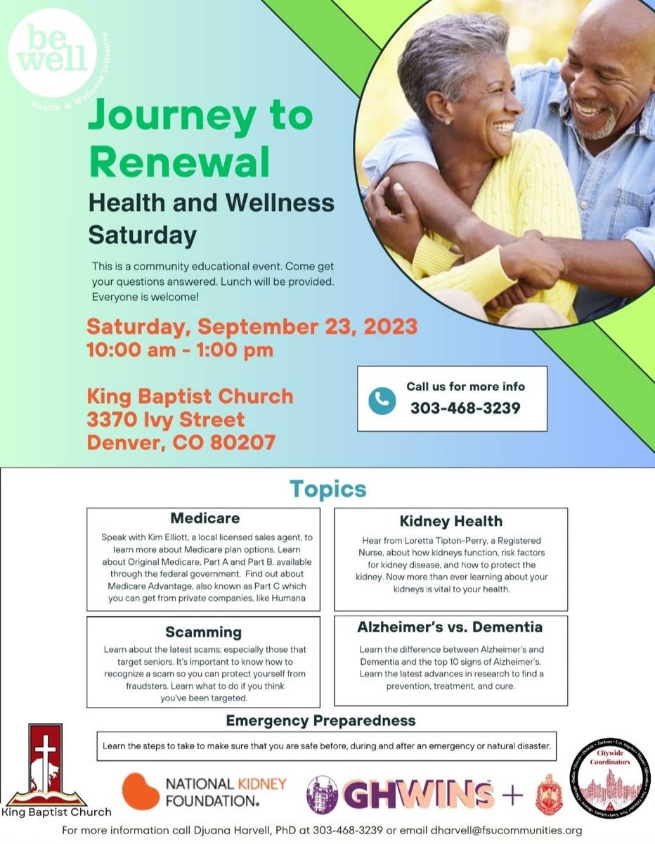 Join us tomorrow for the Journey to Renewal Health and Wellness Saturday. Head down to King Baptist Church from 10 am - 1:00 pm. We look forward to seeing you.